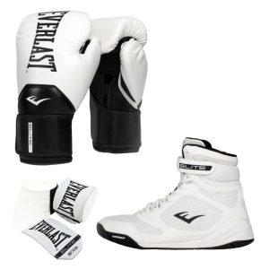 White Elite Boxing Shoe. Glove and Hand Wrap Bundle